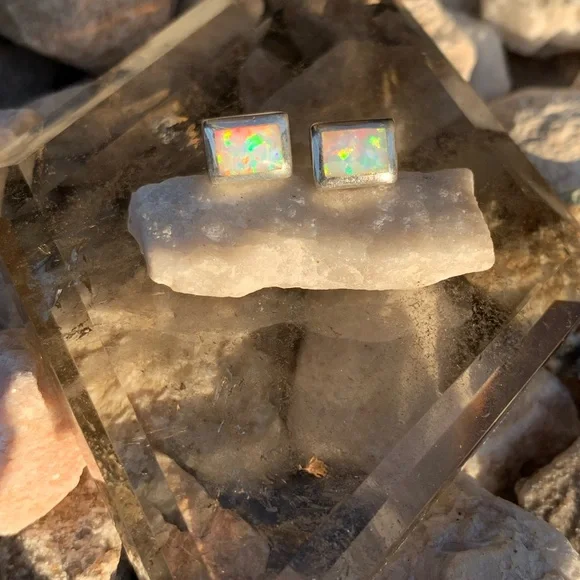 Opal Sterling Silver Stud Earrings - Picture 12 of 13